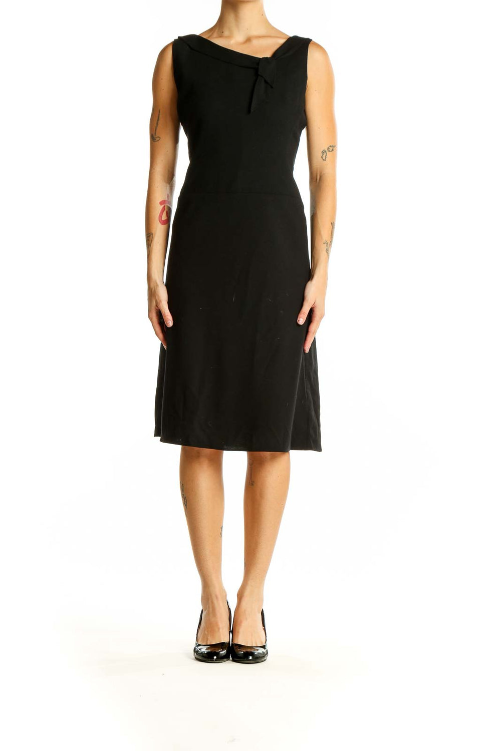 Front view of Ann Taylor LOFT black wool blend A-line dress with twisted neckline