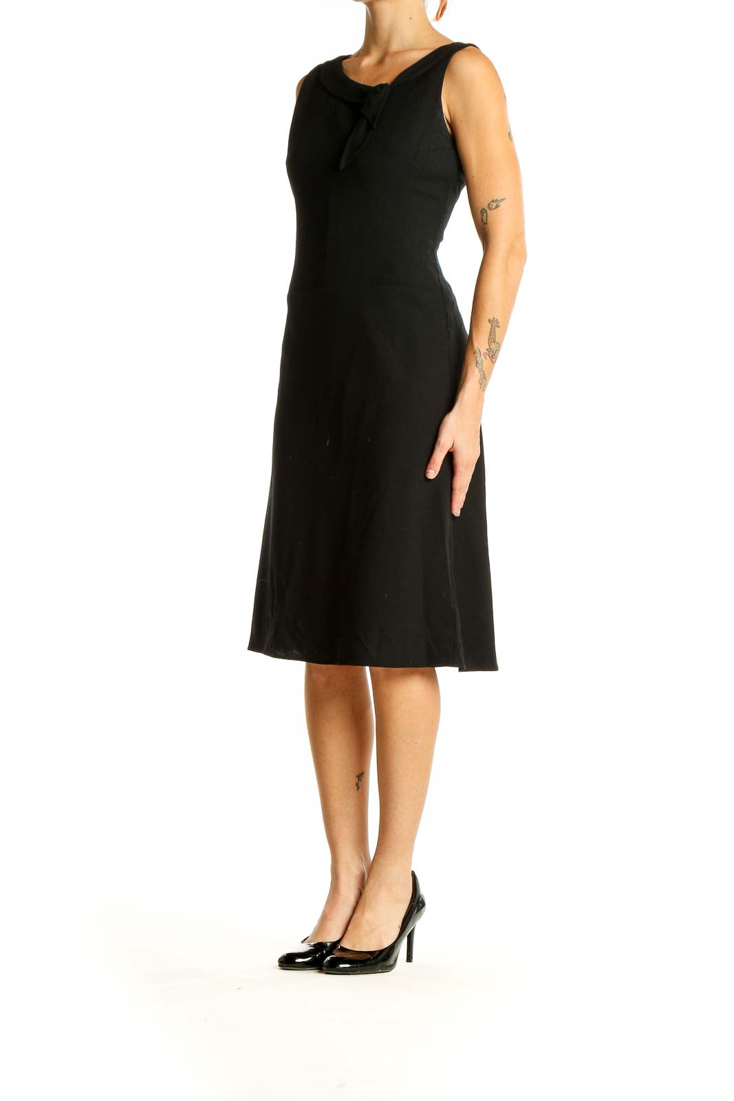 Front view of Ann Taylor LOFT black wool blend A-line dress with twisted neckline