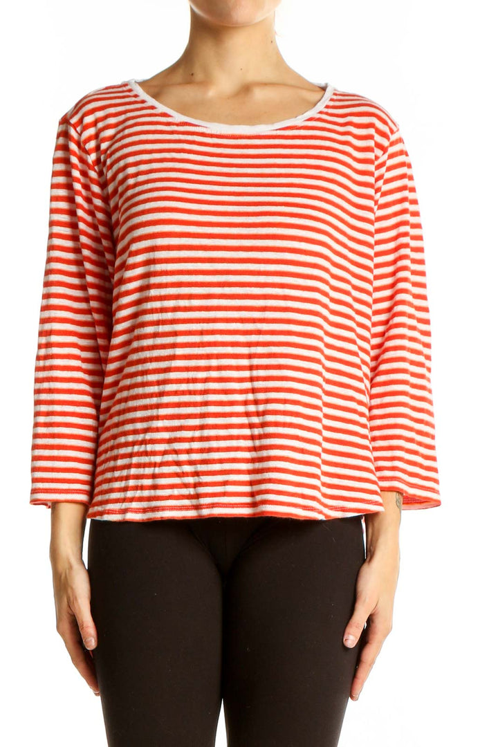 Front view of Poetry orange and white striped linen top with relaxed fit