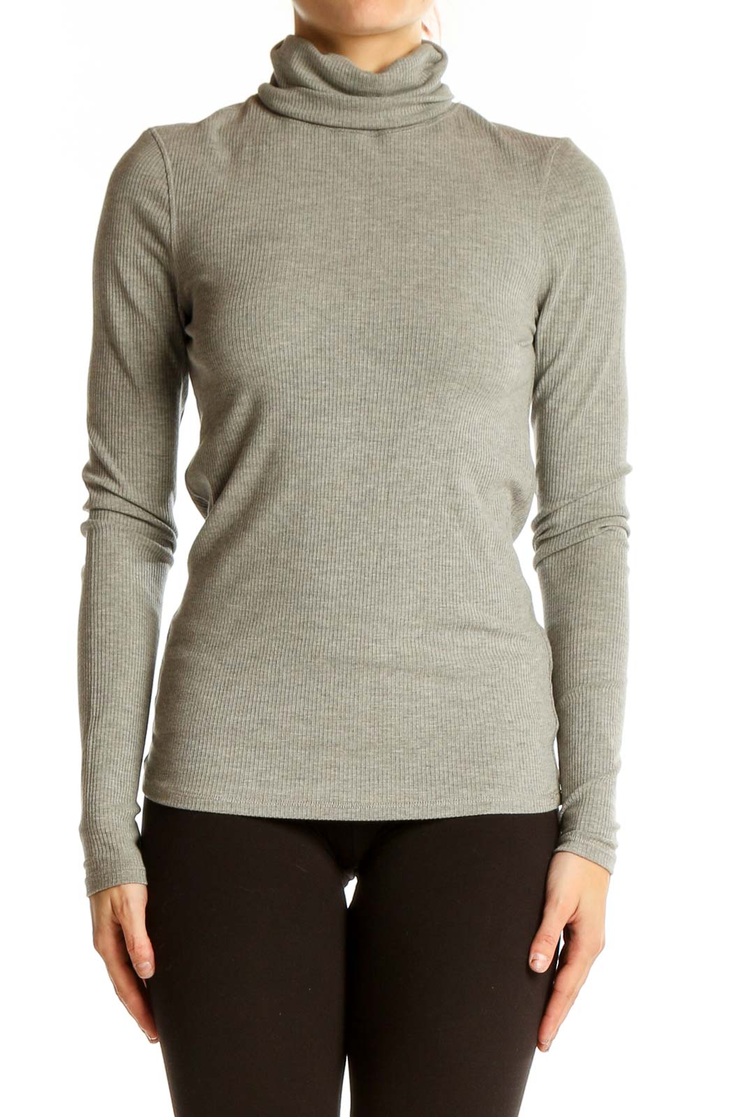 Front view of prAna gray ribbed turtleneck top on model