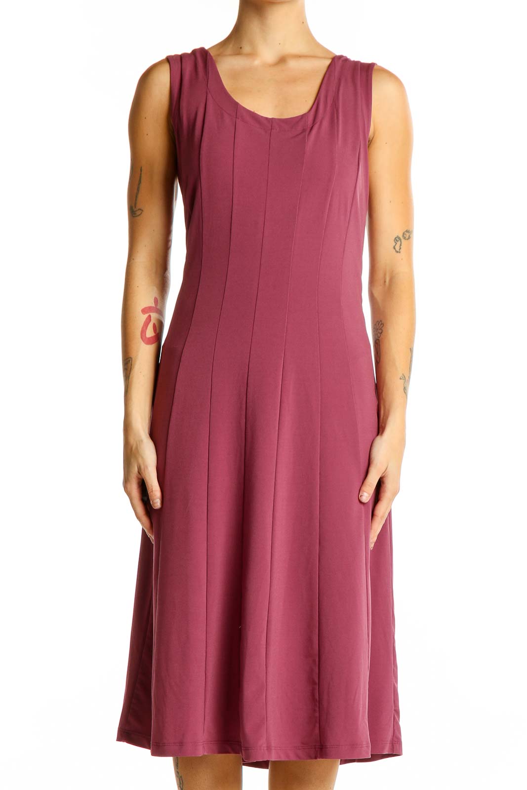 Front view of burgundy sleeveless A-line midi dress from Coldwater Creek