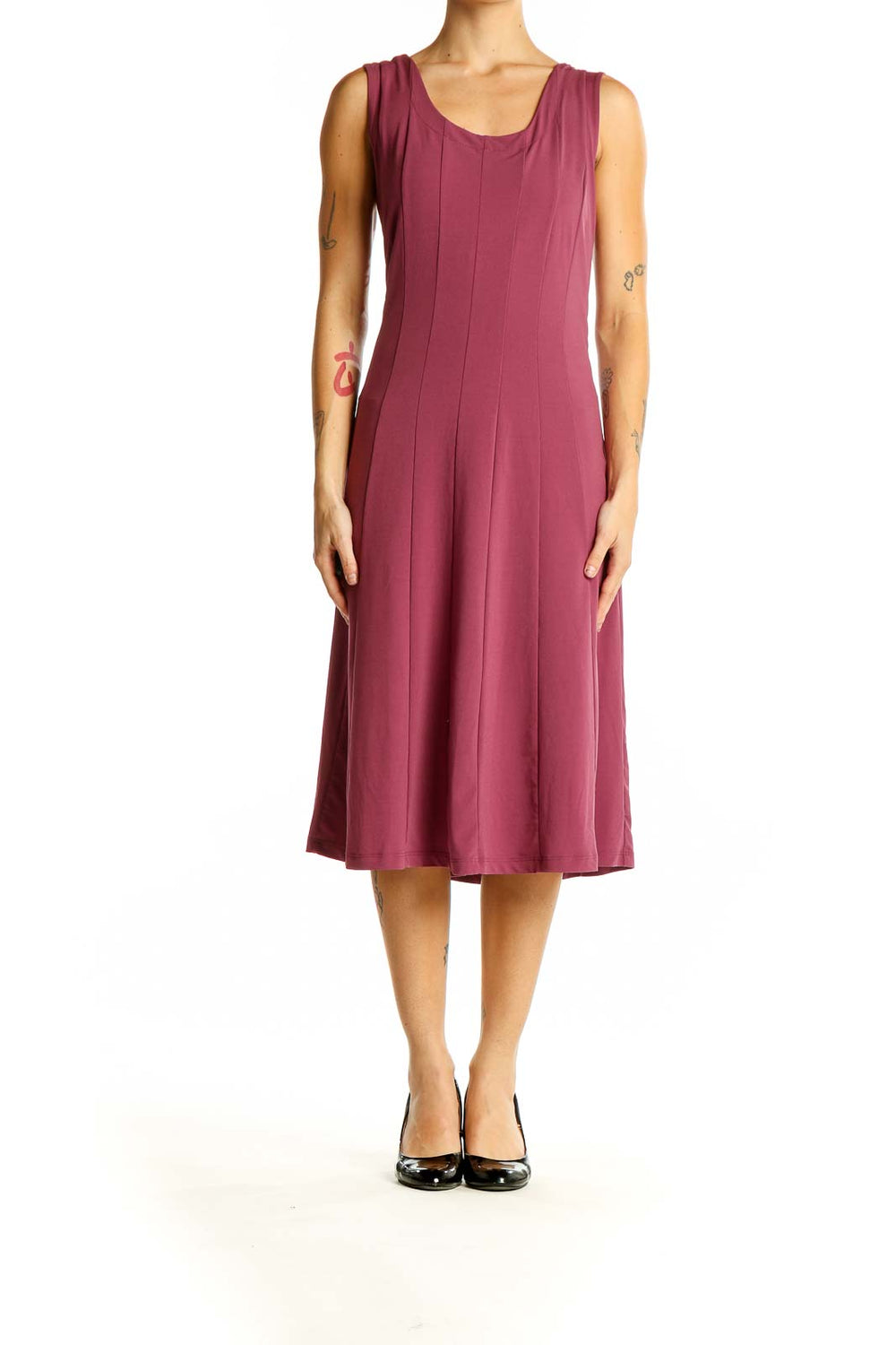 Front view of burgundy sleeveless A-line midi dress from Coldwater Creek