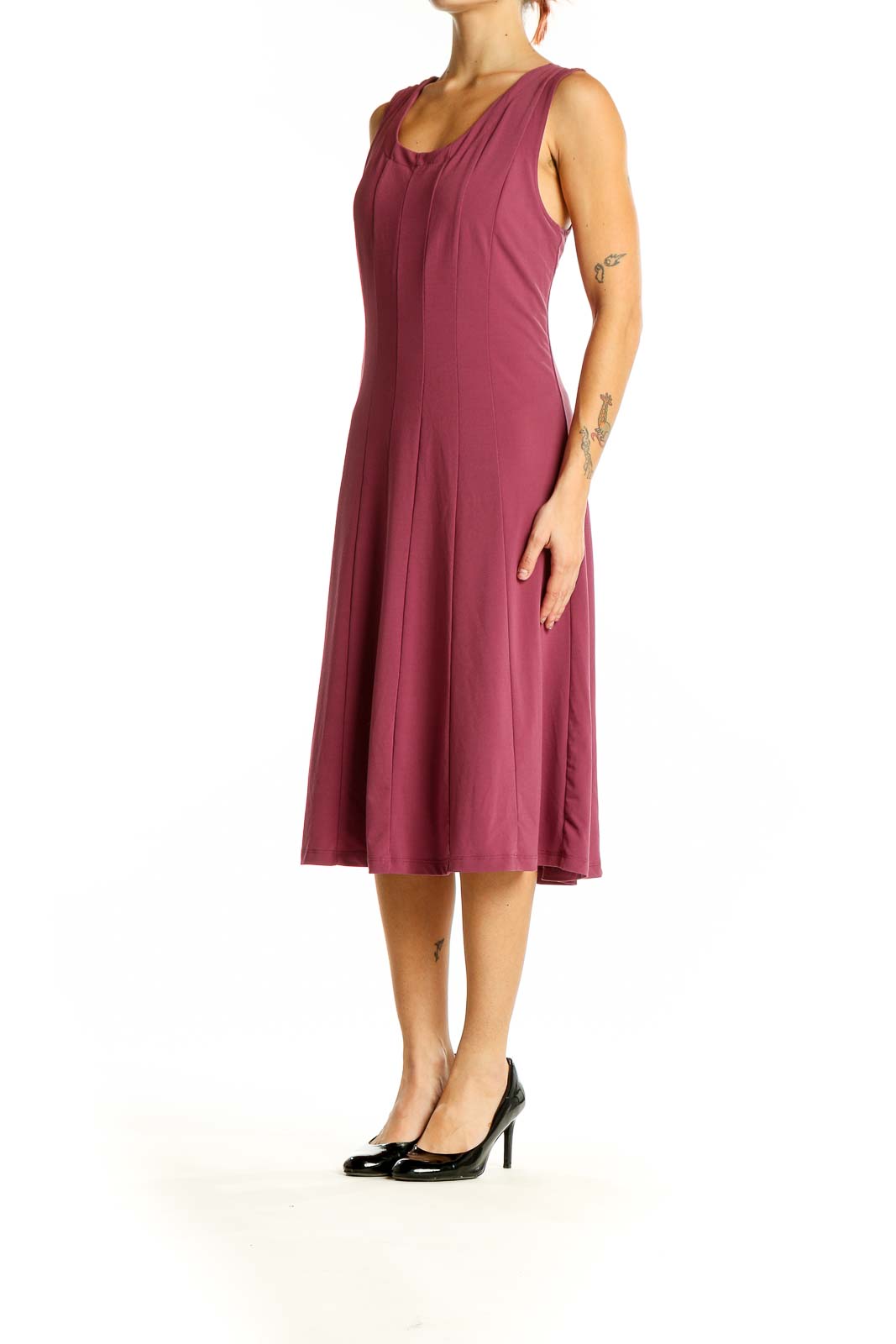 Front view of burgundy sleeveless A-line midi dress from Coldwater Creek