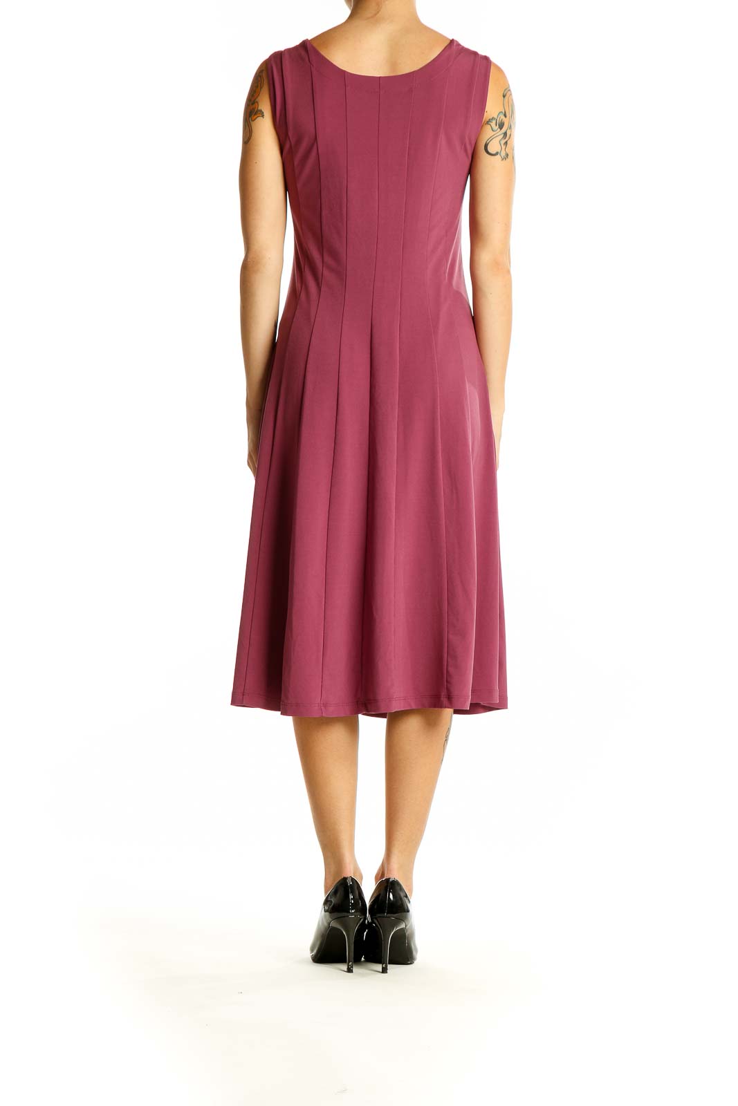 Back view of burgundy sleeveless A-line midi dress showing flattering fit