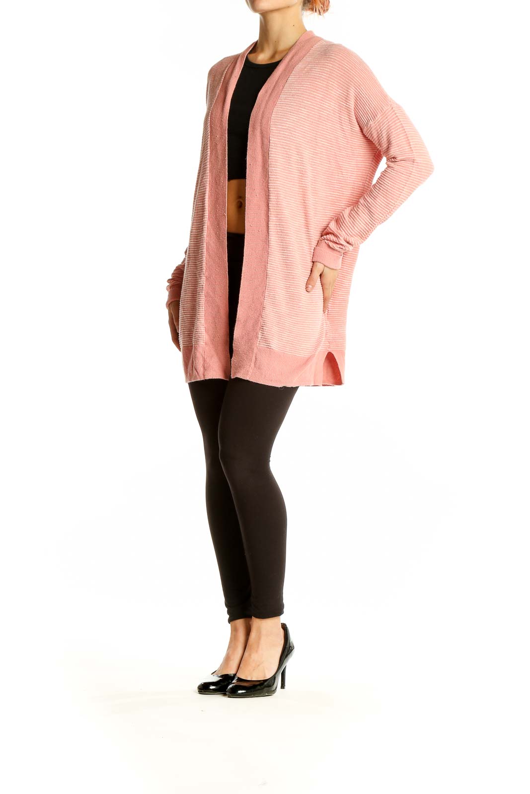 Front view of pink ribbed cotton open-front cardigan from Gap