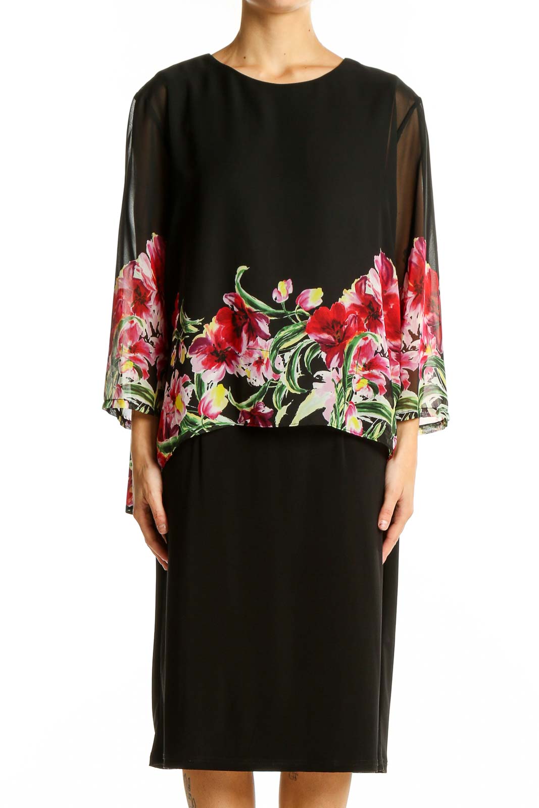 Front view of Joseph Ribkoff black cocktail dress with red and pink floral overlay