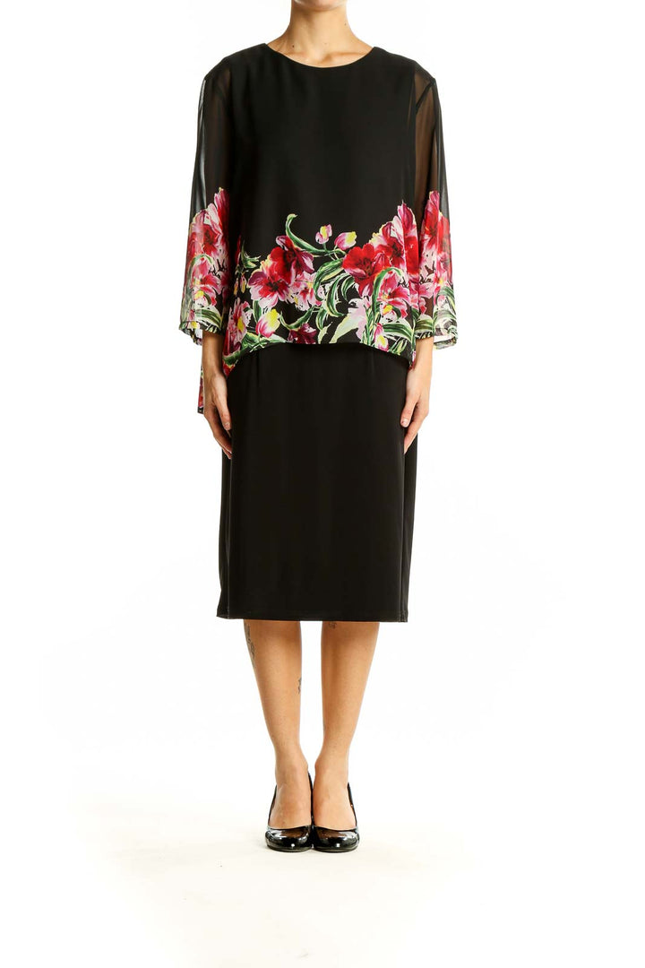 Front view of Joseph Ribkoff black cocktail dress with red and pink floral overlay