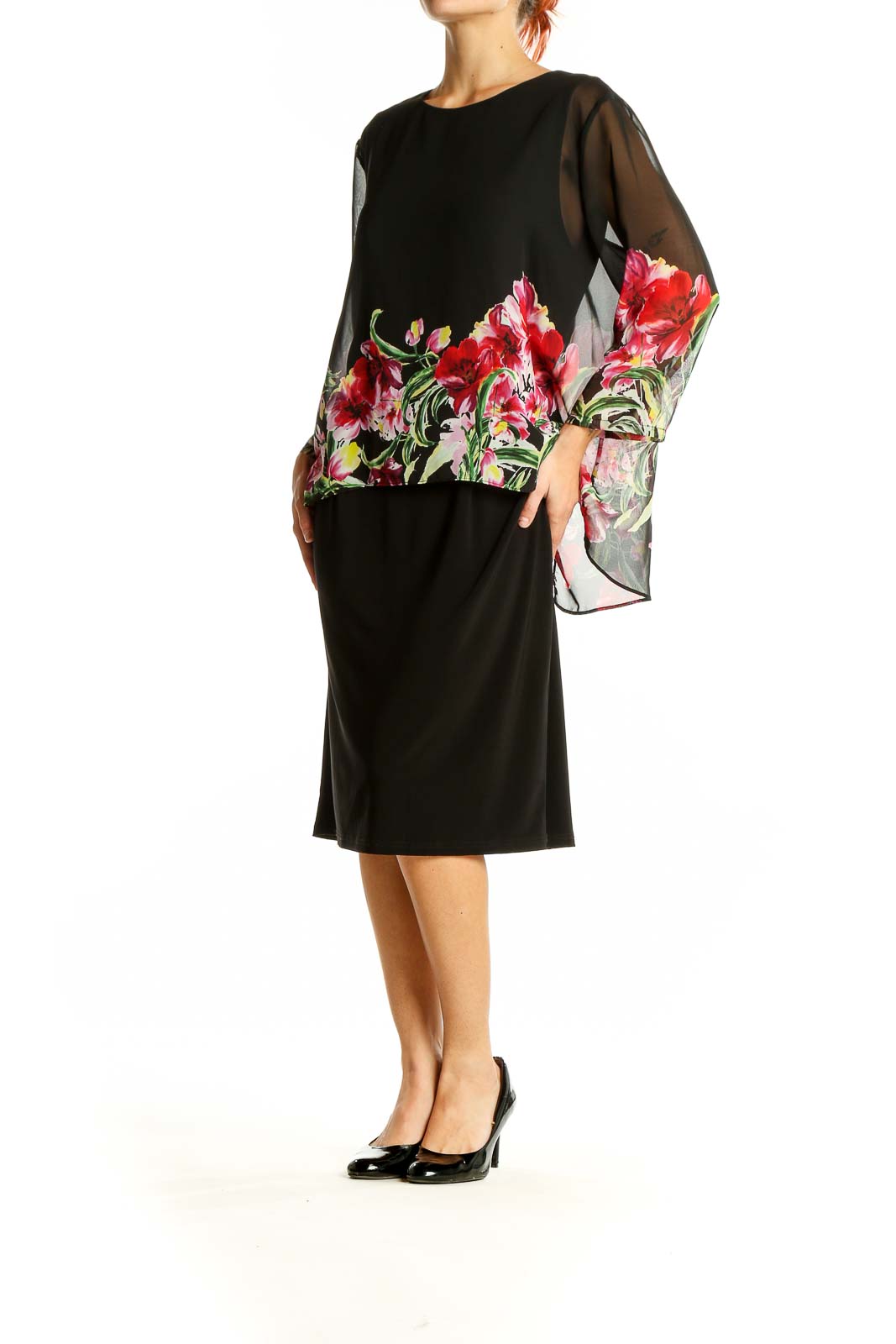 Front view of Joseph Ribkoff black cocktail dress with red and pink floral overlay