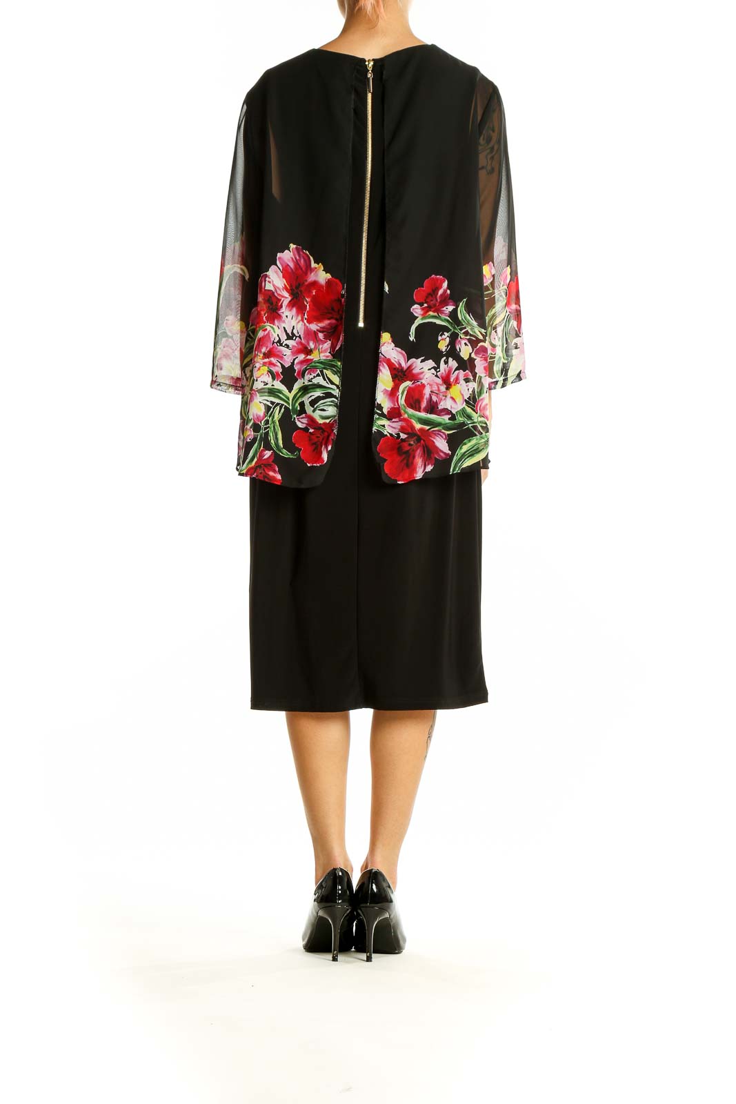 Back view of Joseph Ribkoff black cocktail dress showing floral overlay and sheer sleeves