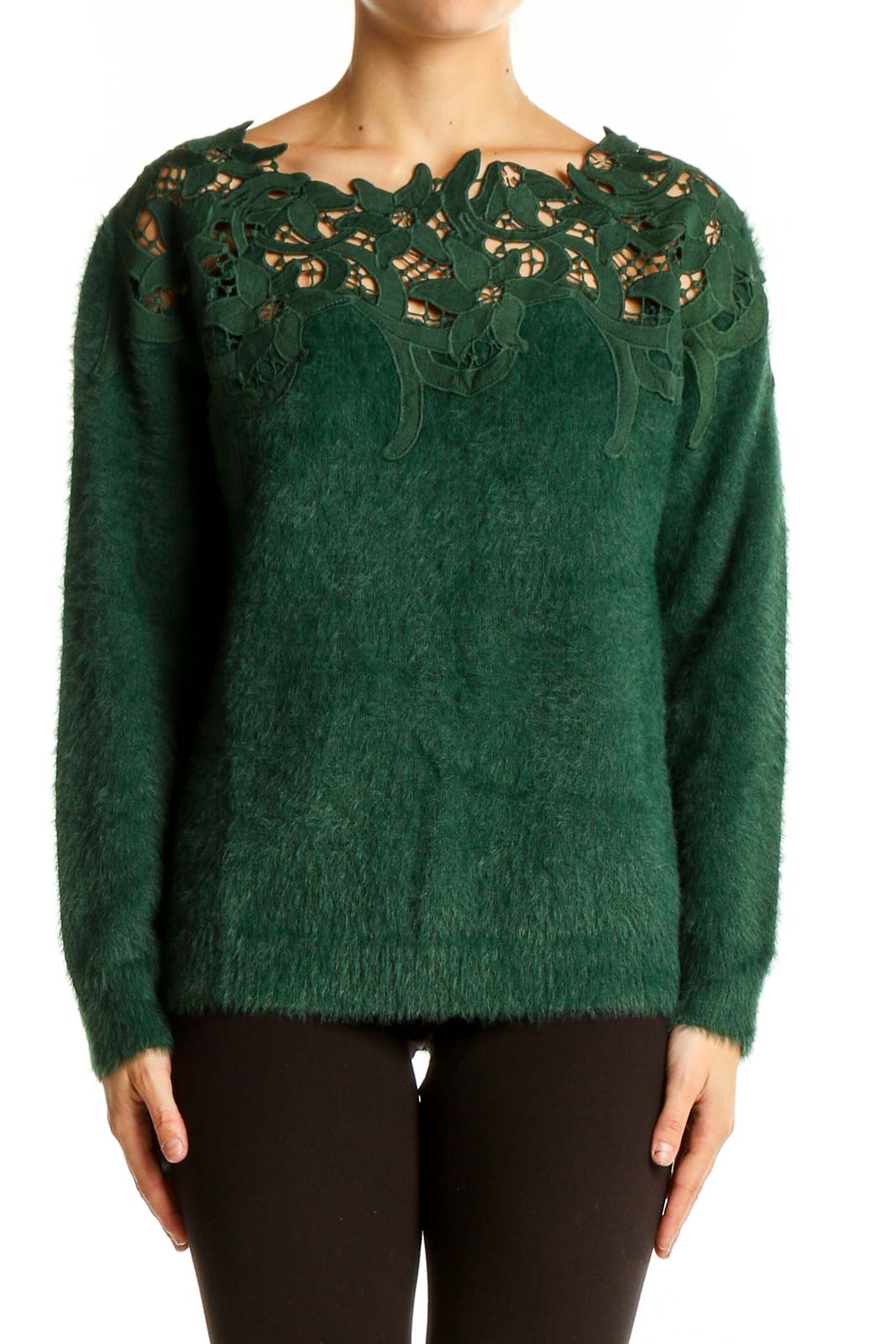 Front view of green fuzzy nylon sweater with lace cutout neckline