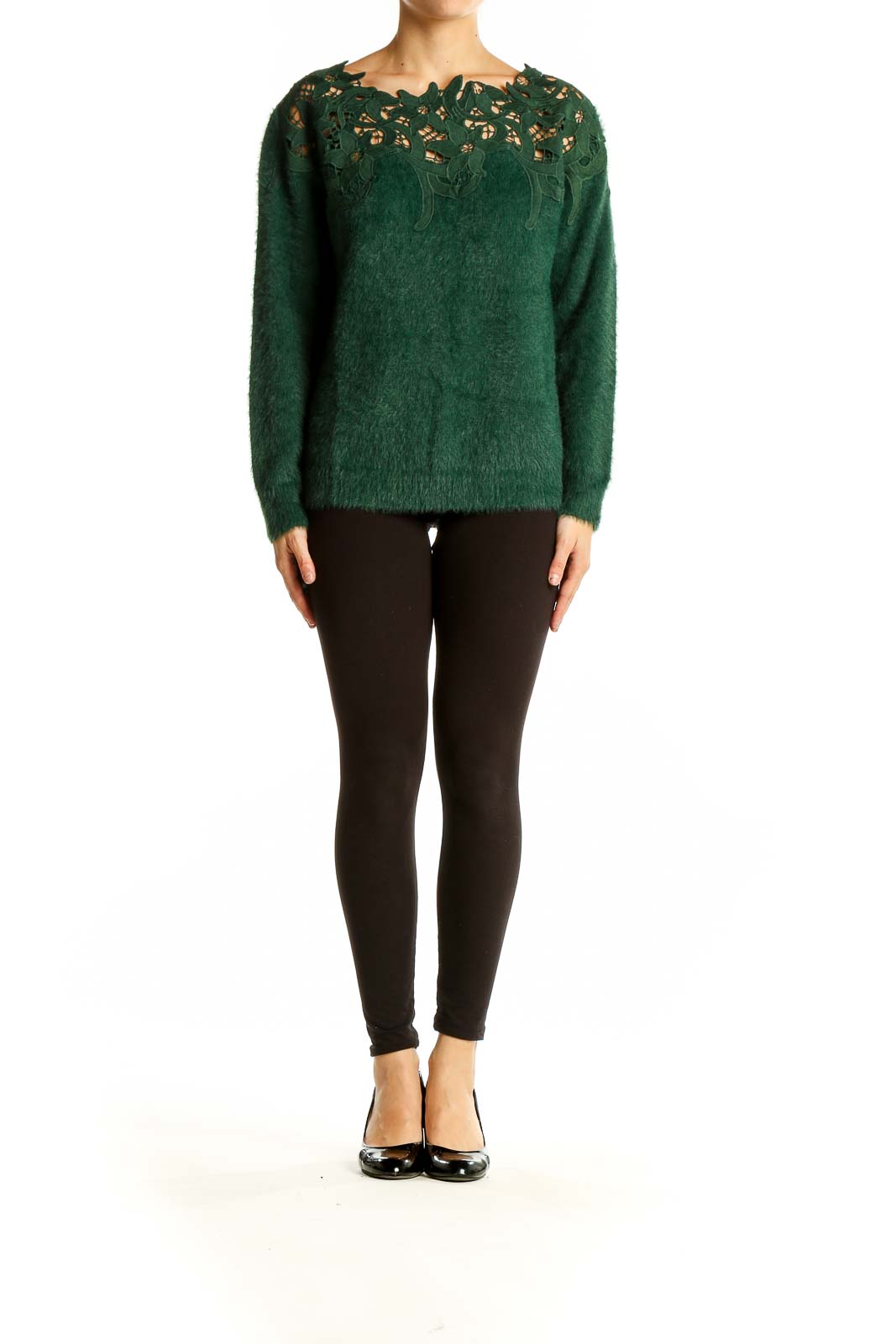 Front view of green fuzzy nylon sweater with lace cutout neckline