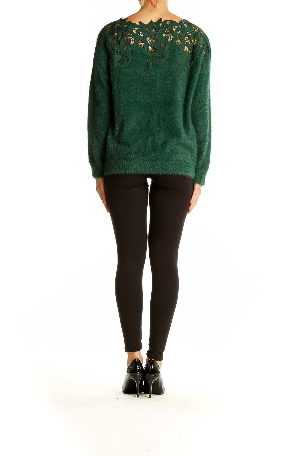 Back view of green fuzzy nylon sweater showing relaxed fit