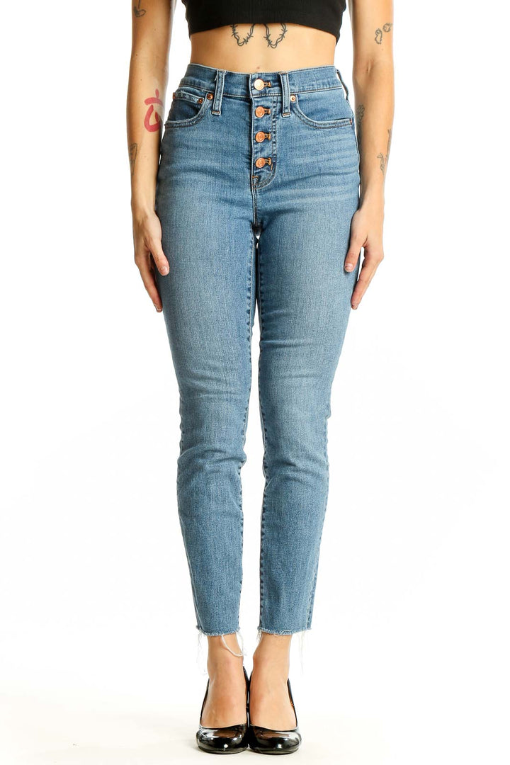 Front view of J.Crew light blue high-waisted jeans with button-fly