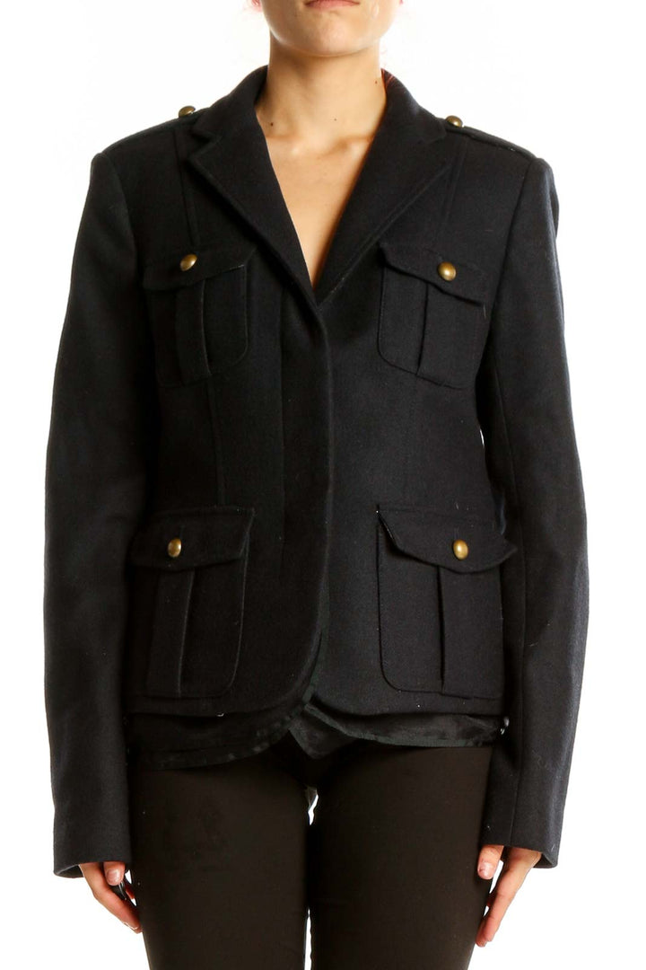 Front view of Ann Taylor black military-style jacket with brass buttons