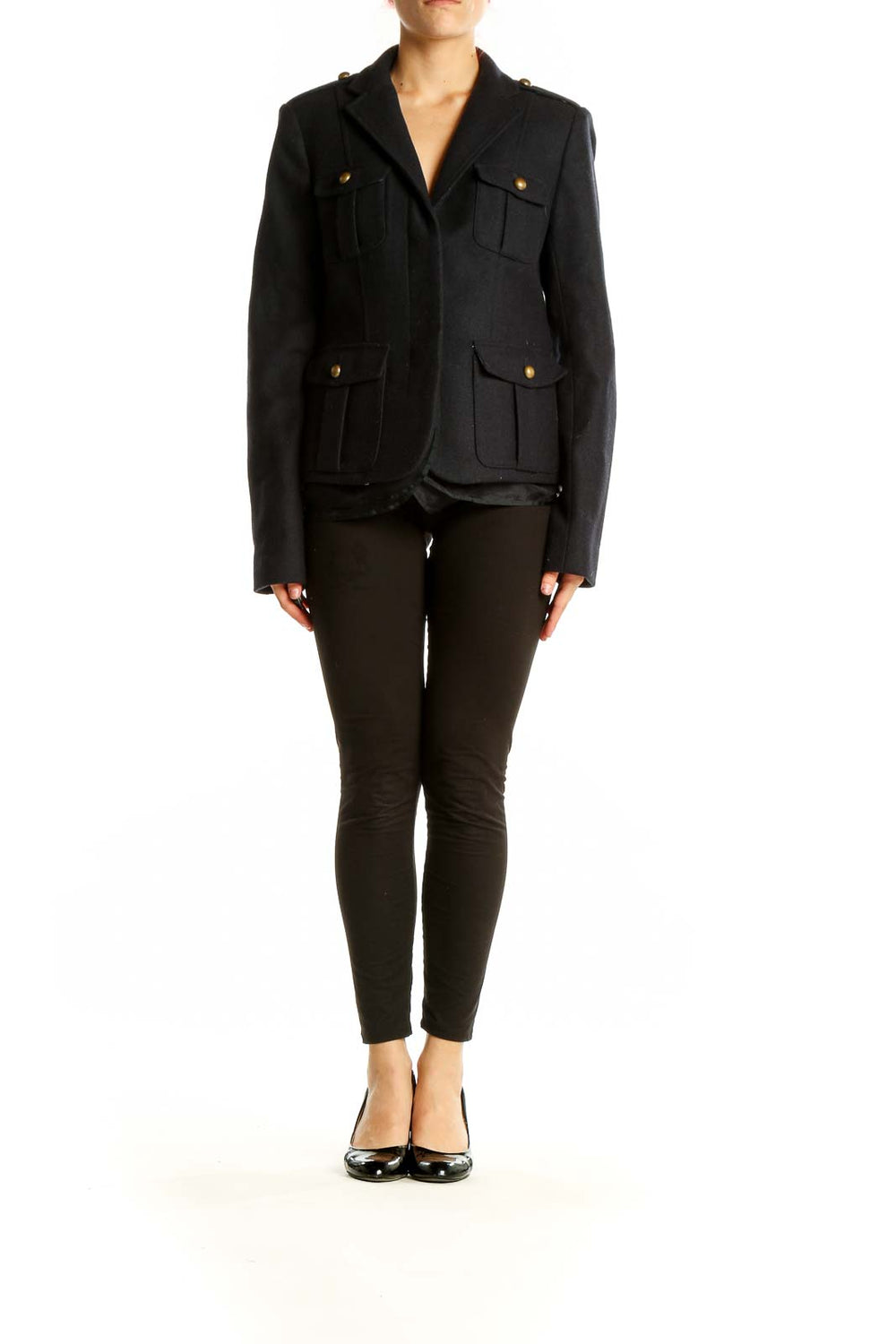 Front view of Ann Taylor black military-style jacket with brass buttons