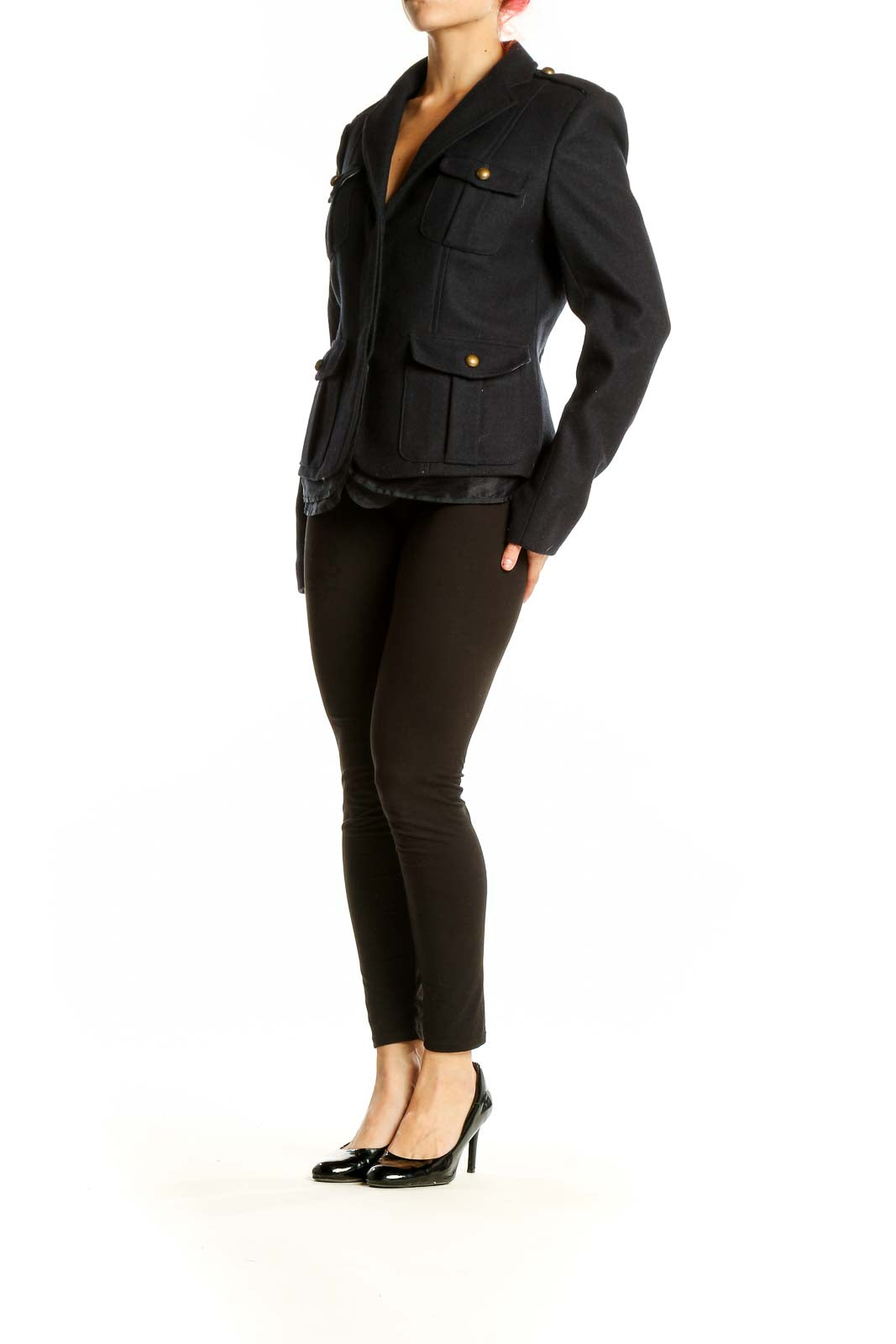 Front view of Ann Taylor black military-style jacket with brass buttons