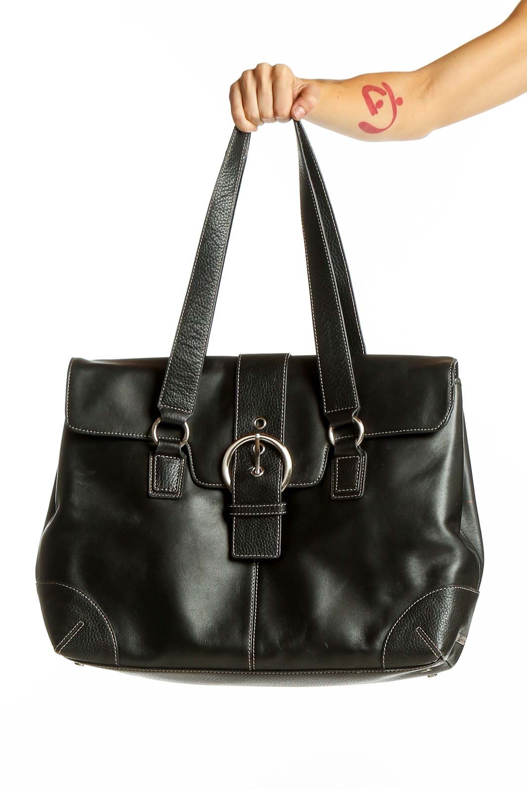 Front view of Franklin Covey black leather shoulder bag with silver buckle