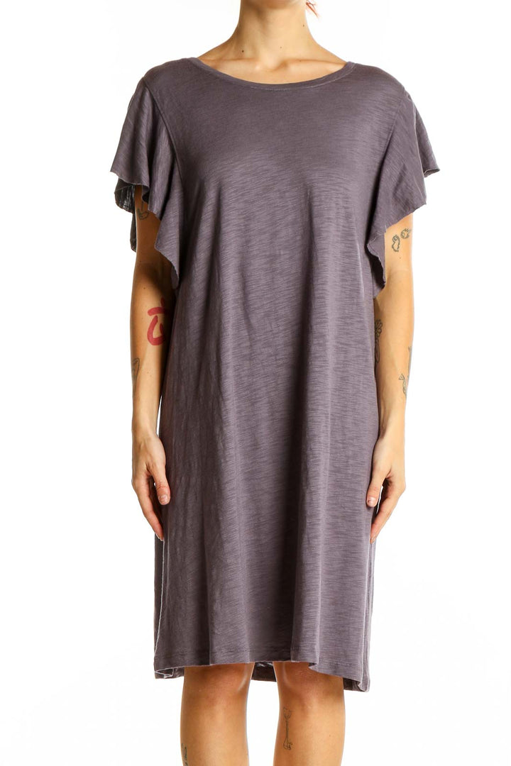 Front view of Lilla|P gray t-shirt dress with flutter sleeves