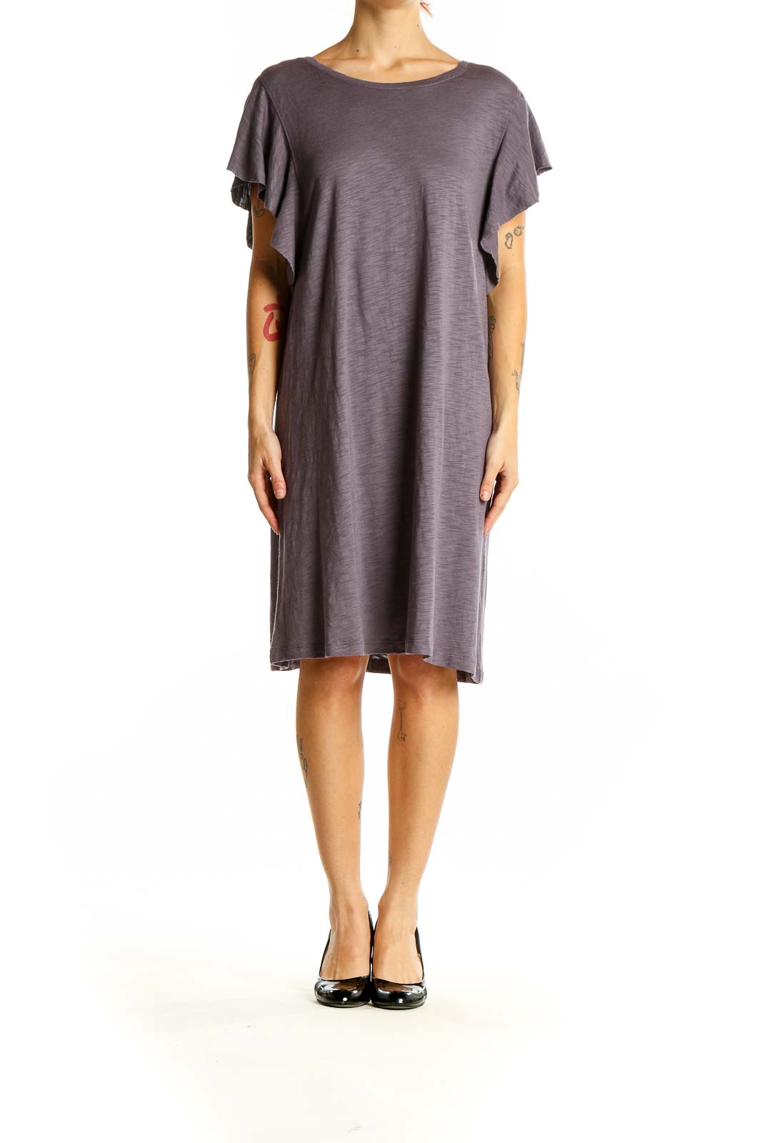 Front view of Lilla|P gray t-shirt dress with flutter sleeves