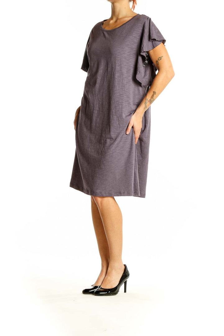 Front view of Lilla|P gray t-shirt dress with flutter sleeves