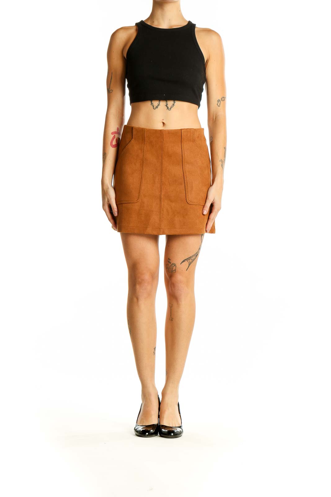 Front view of camel suede mini skirt with front pockets