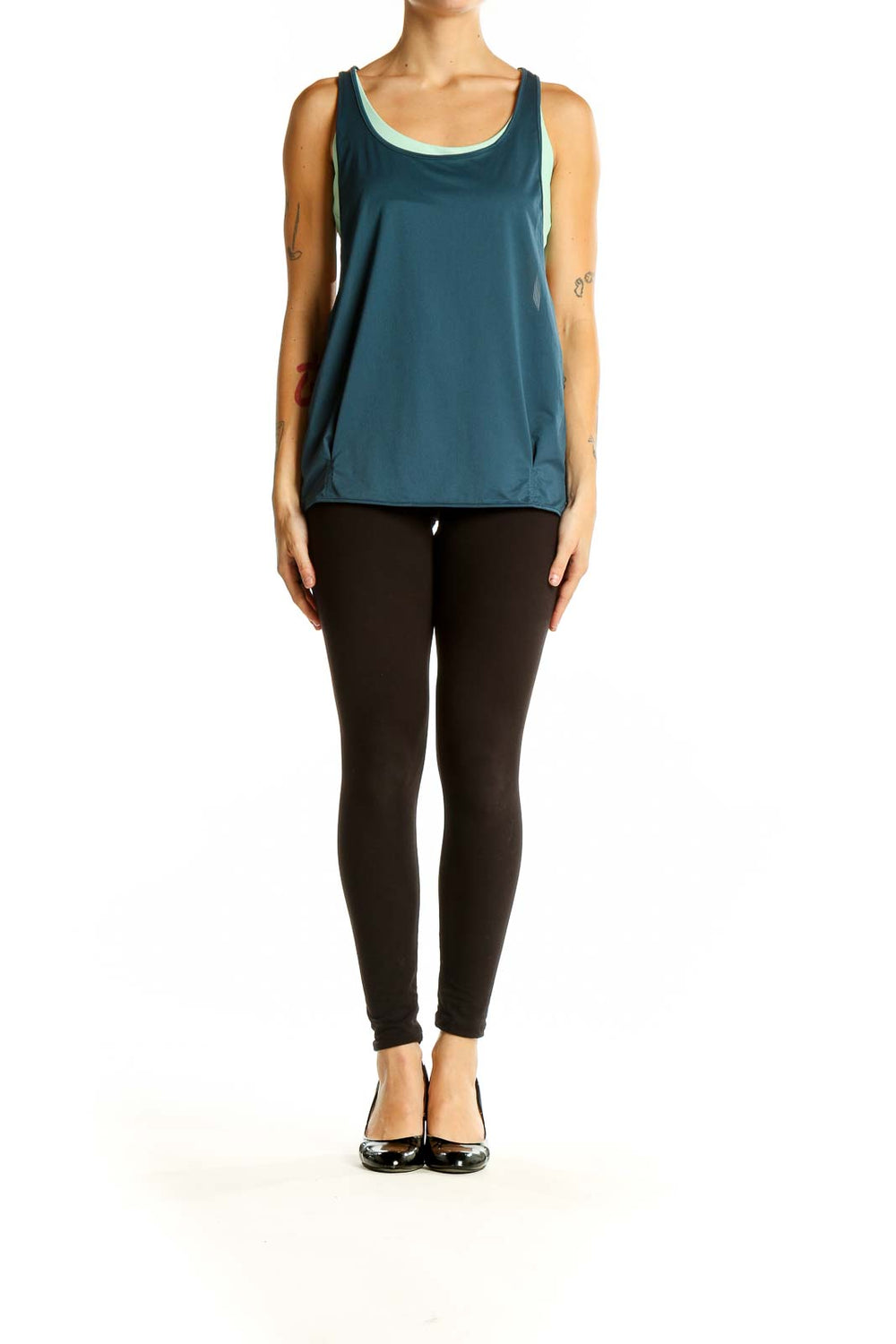 Front view of teal prAna activewear tank top with layered design