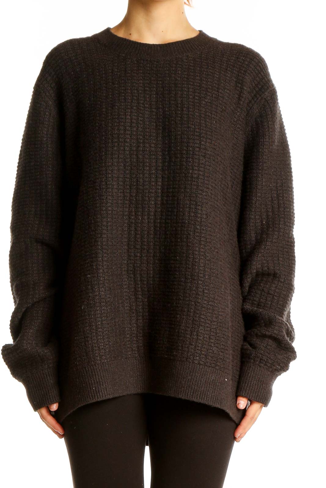 Front view of black oversized chunky knit sweater from Banana Republic