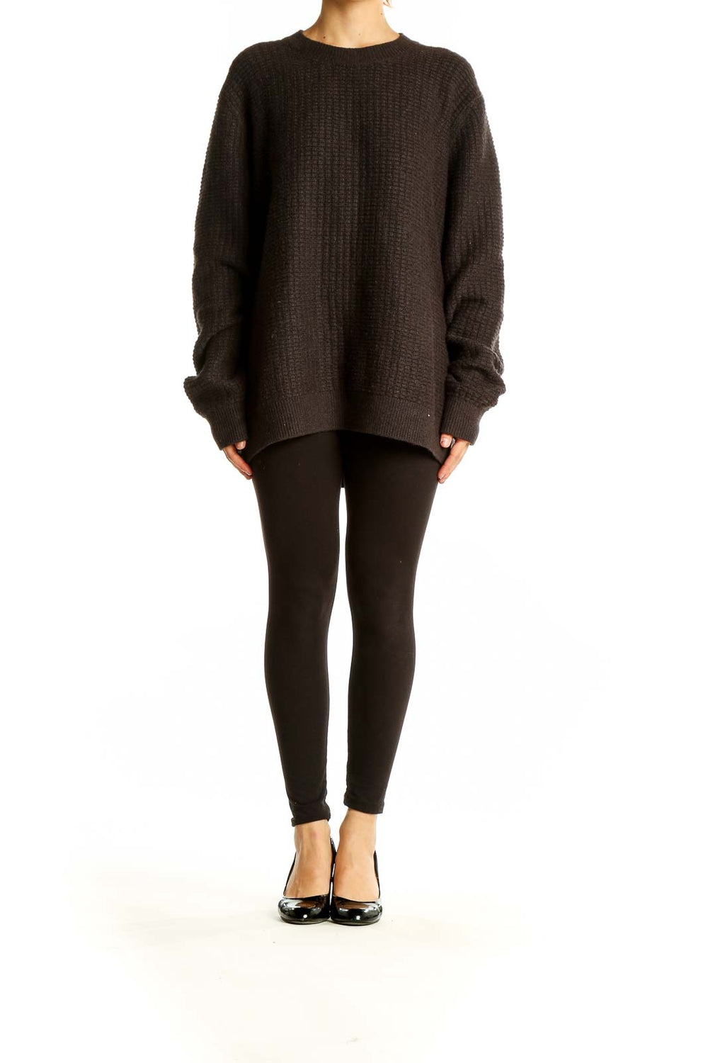 Front view of black oversized chunky knit sweater from Banana Republic