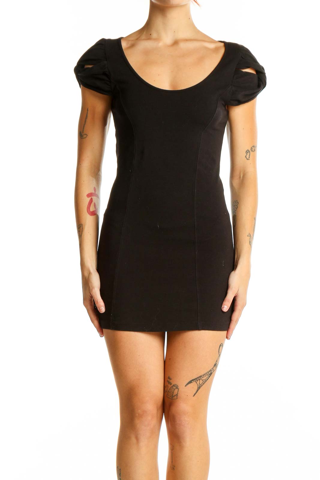 Front view of Free People black bodycon mini dress with cut-out sleeves