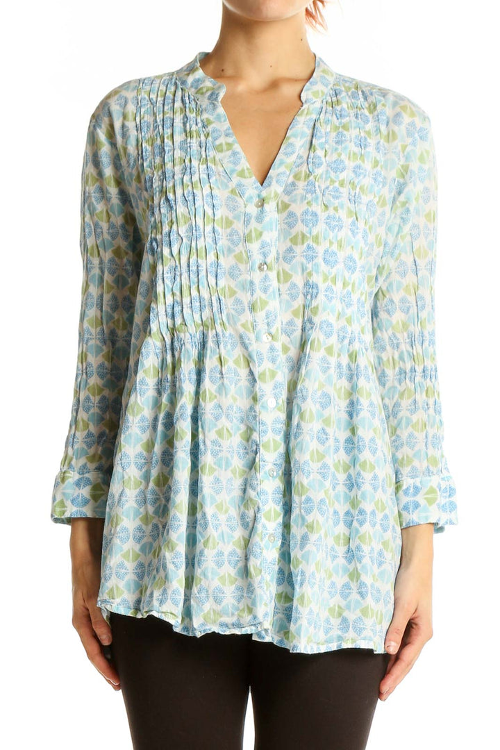 Front view of Rock Flower Paper Blue and Green Floral Print Cotton Tunic with pintuck detailing