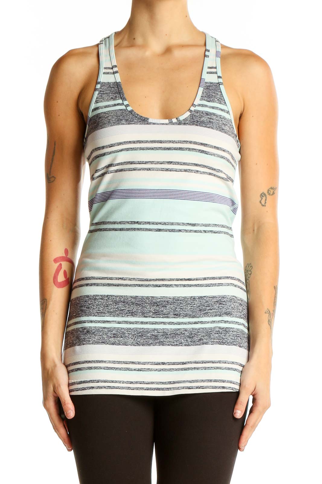 Front view of Lululemon striped racerback tank top in mint and gray