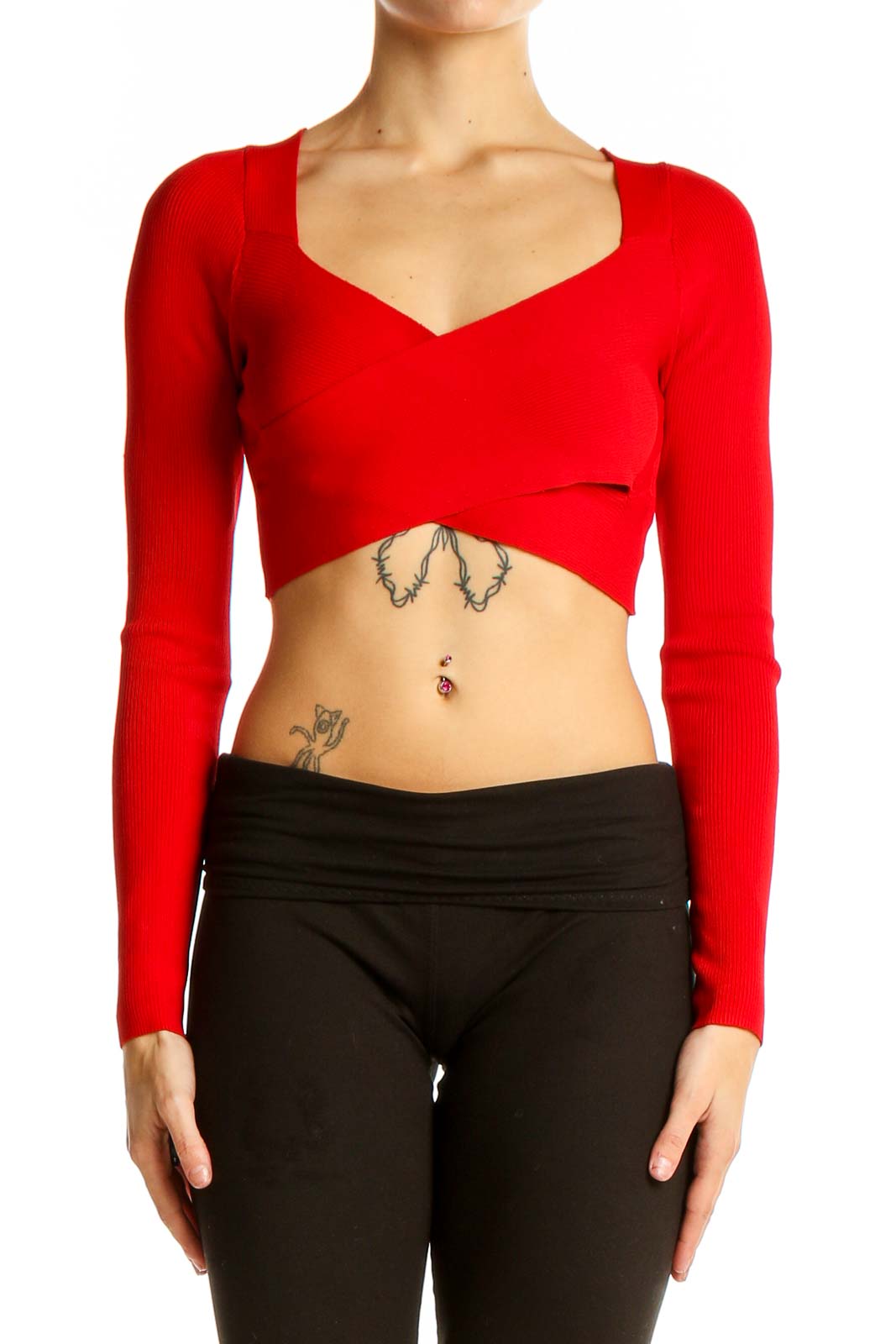 Front view of red cropped long sleeve sweater top from Express