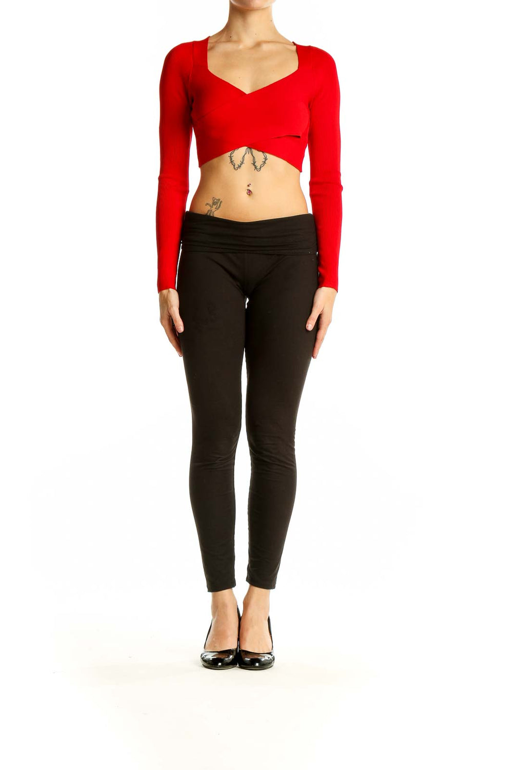 Front view of red cropped long sleeve sweater top from Express