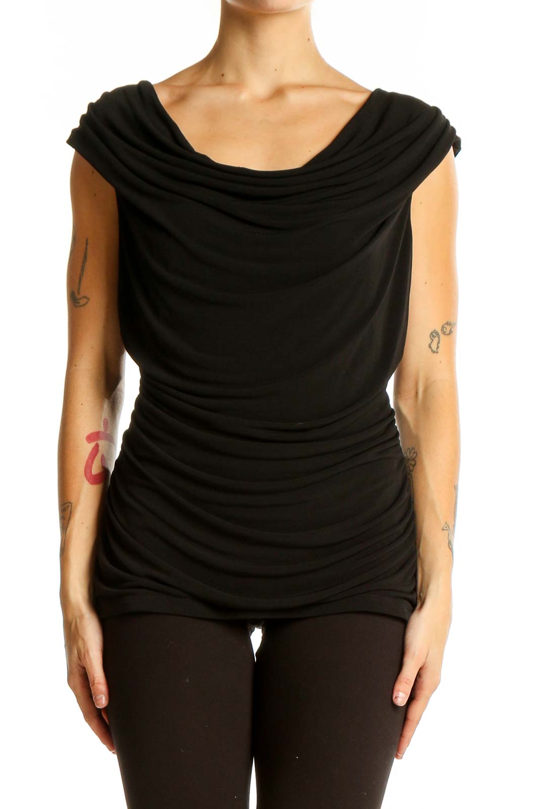 Front view of black sleeveless top with cowl neck and ruched sides