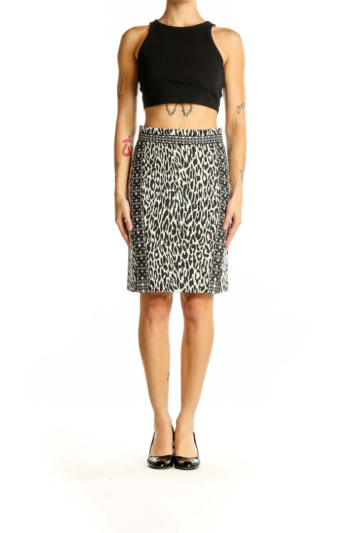 Front view of Marchesa Voyage black and white leopard print pencil skirt