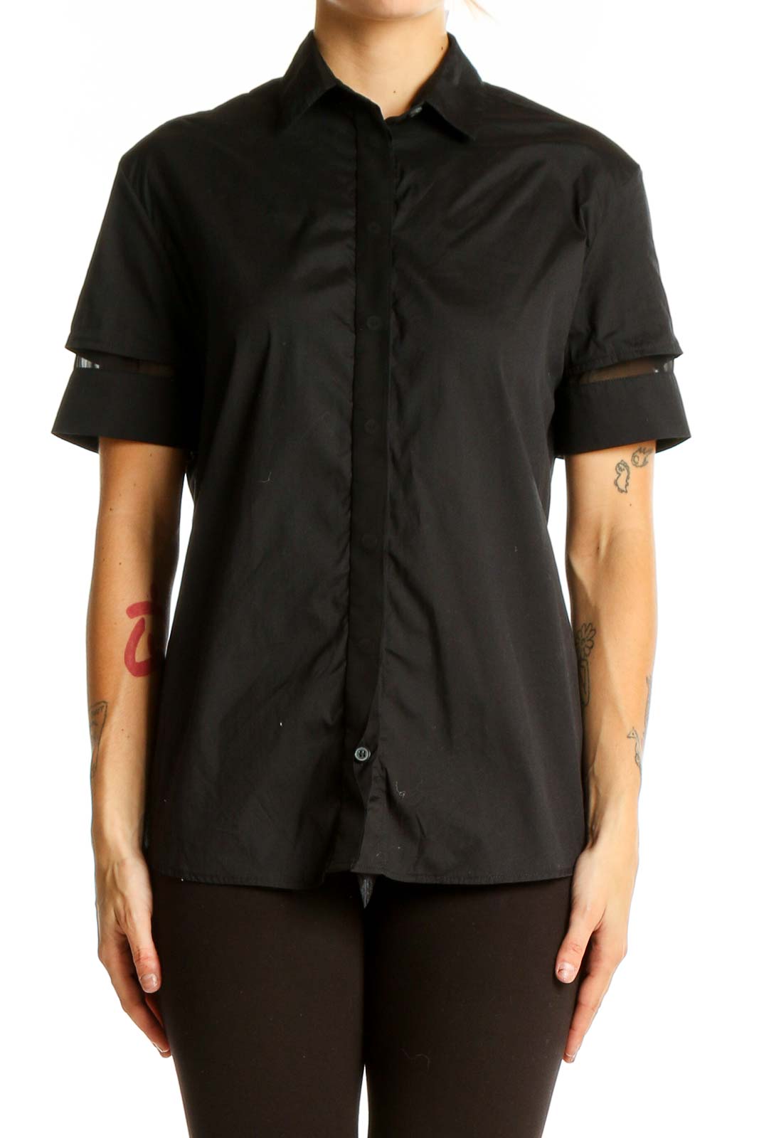 Front view of All Saints black short-sleeve button-up shirt with mesh sleeve details