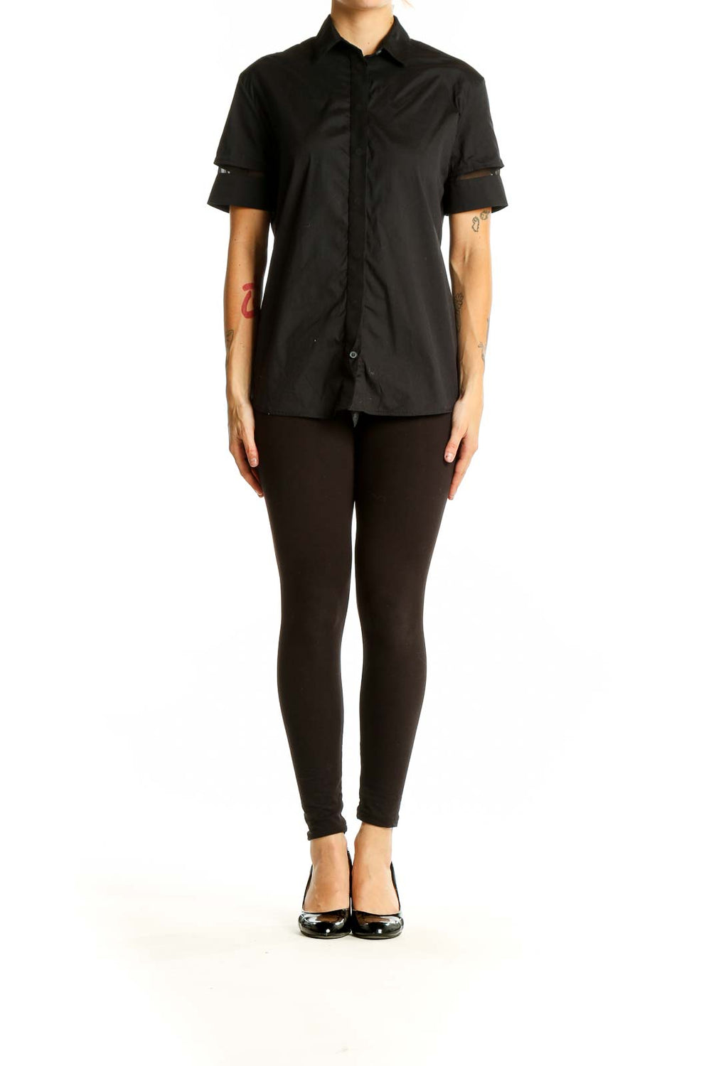 Front view of All Saints black short-sleeve button-up shirt with mesh sleeve details