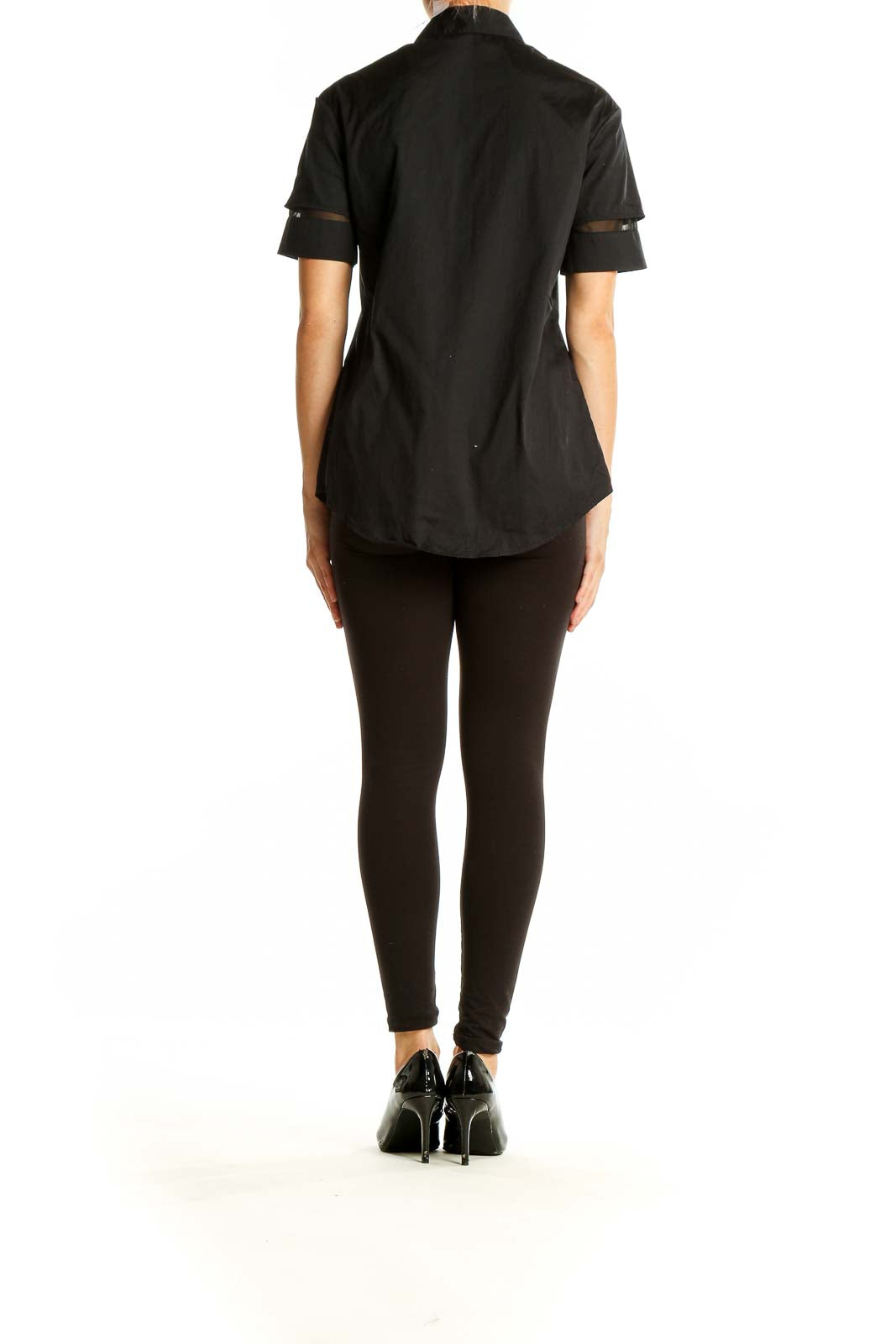 Back view of All Saints black short-sleeve button-up shirt showing fit and length