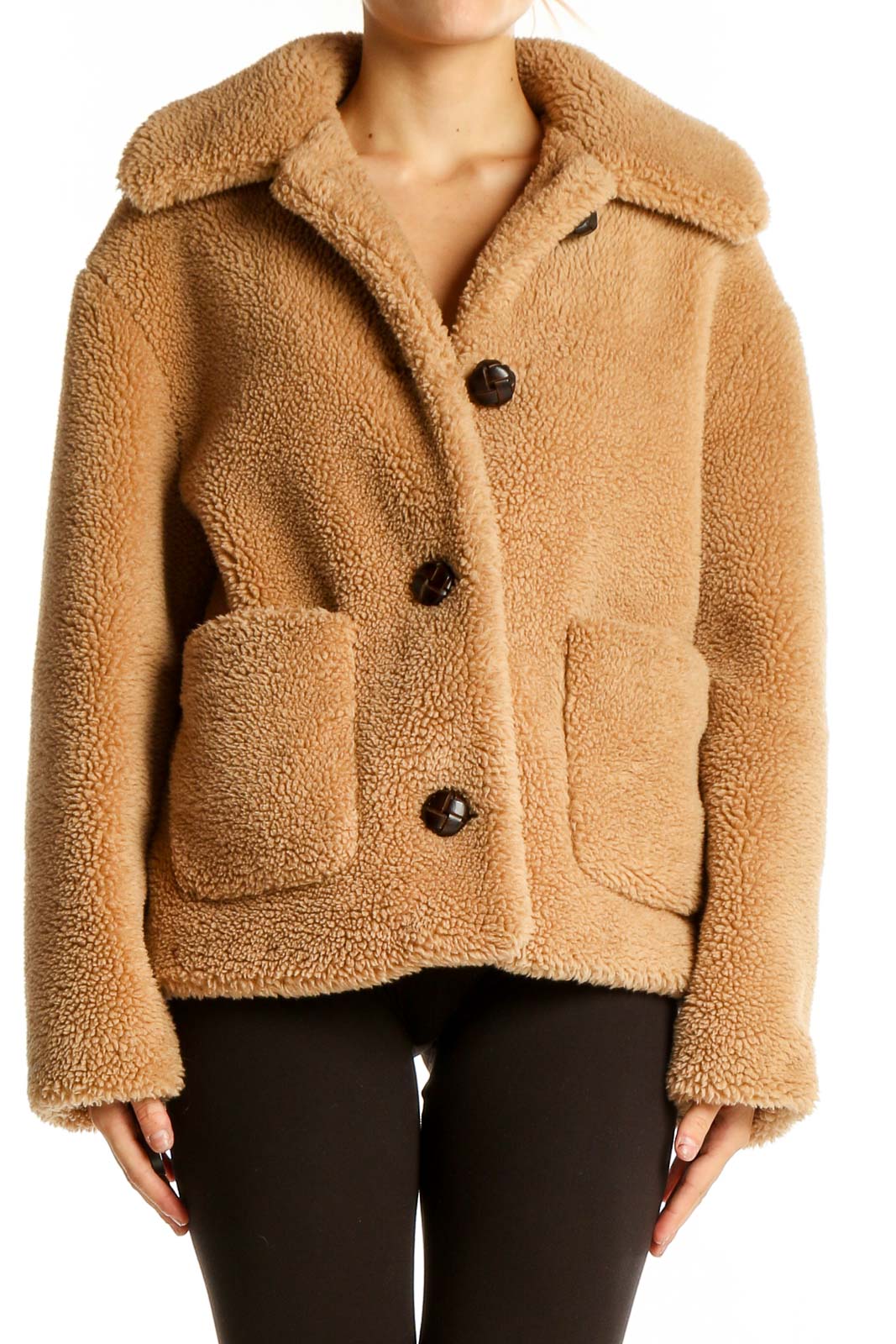 Front view of Zara camel teddy bear cropped jacket with oversized collar