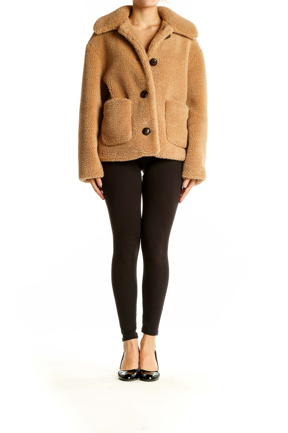 Front view of Zara camel teddy bear cropped jacket with oversized collar