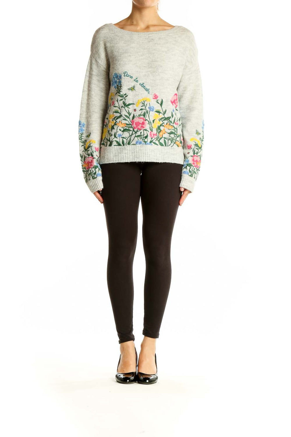 Front view of SilkRoll gray knit sweater with colorful floral embroidery