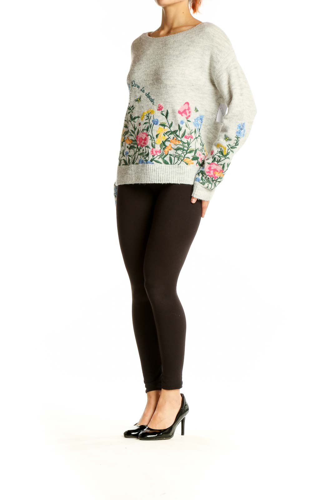 Front view of SilkRoll gray knit sweater with colorful floral embroidery