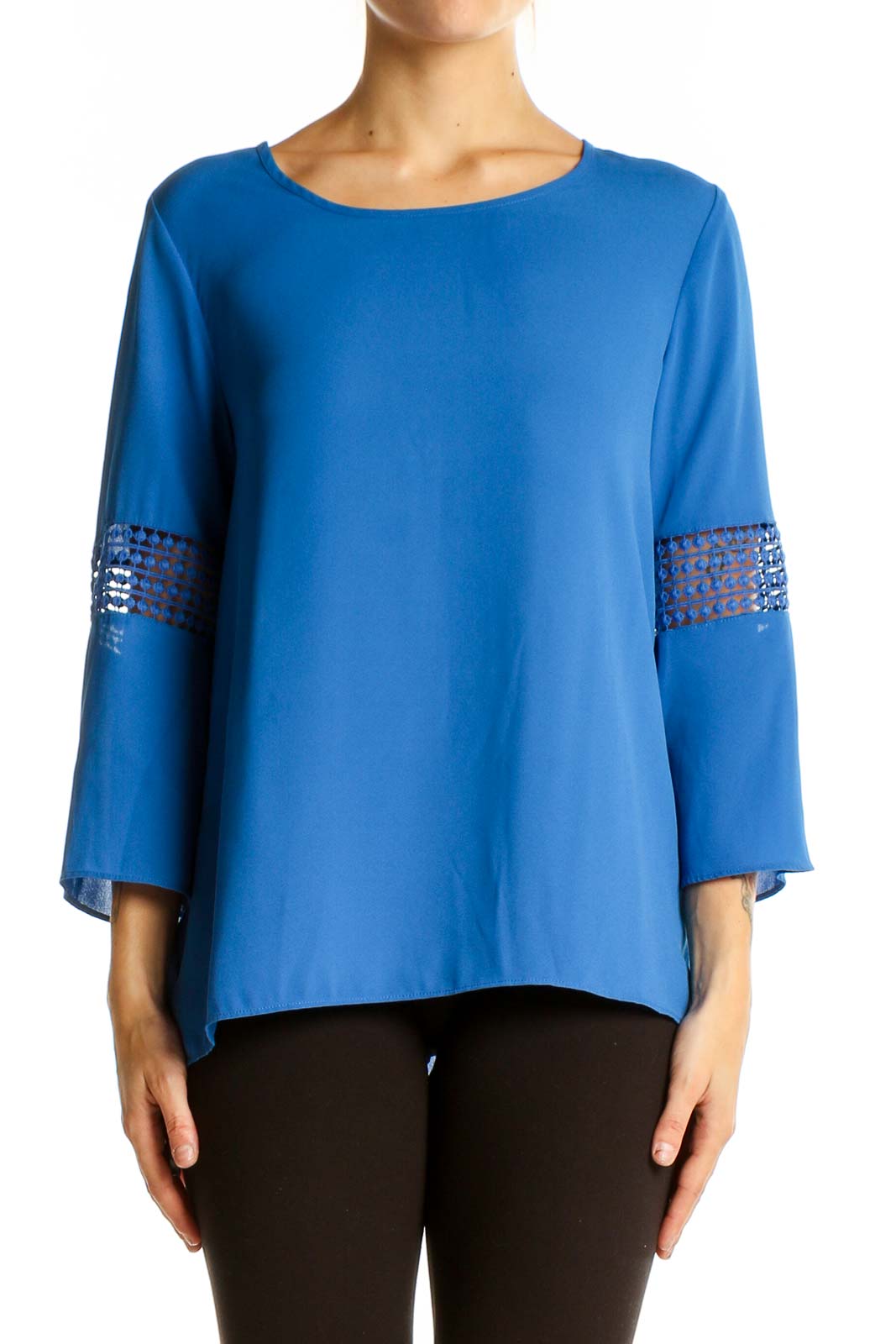 Front view of blue EST.1946 polyester blouse with lace-insert bell sleeves