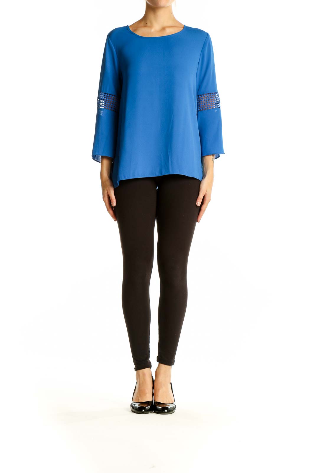 Front view of blue EST.1946 polyester blouse with lace-insert bell sleeves