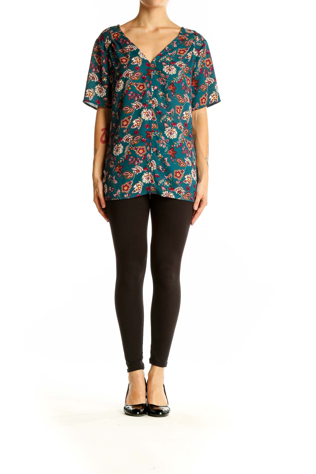 Front view of Pleione teal floral V-neck short sleeve blouse