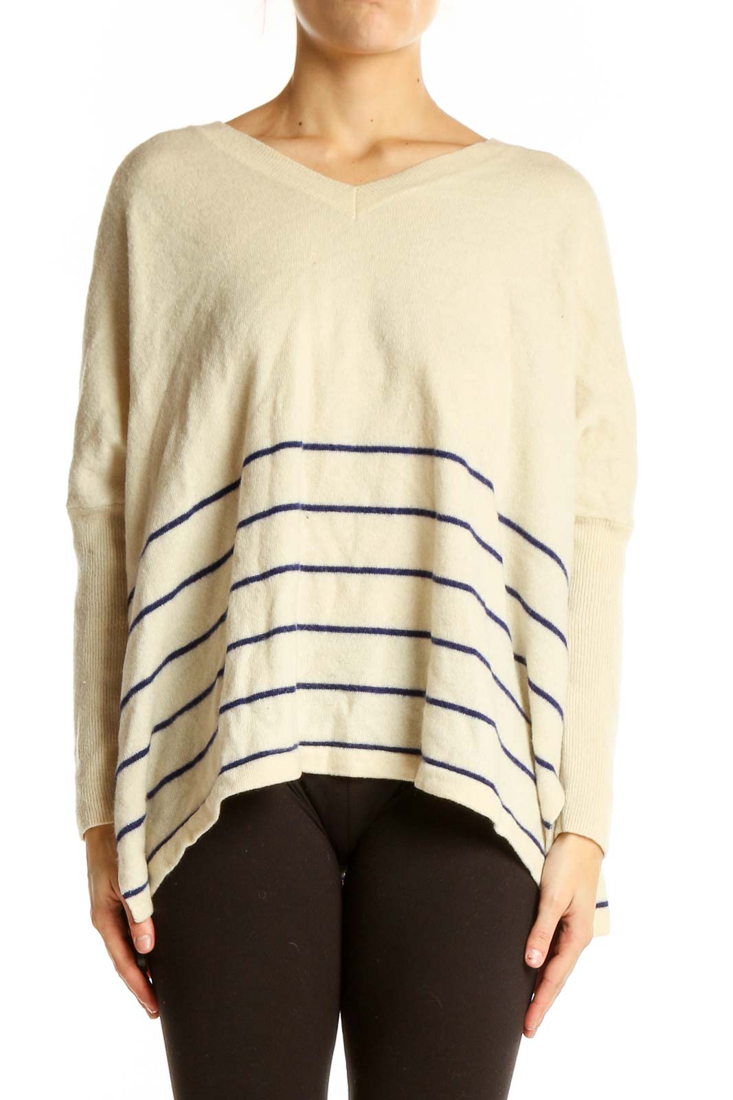 Front view of White+Warren cream cashmere V-neck sweater with navy stripes