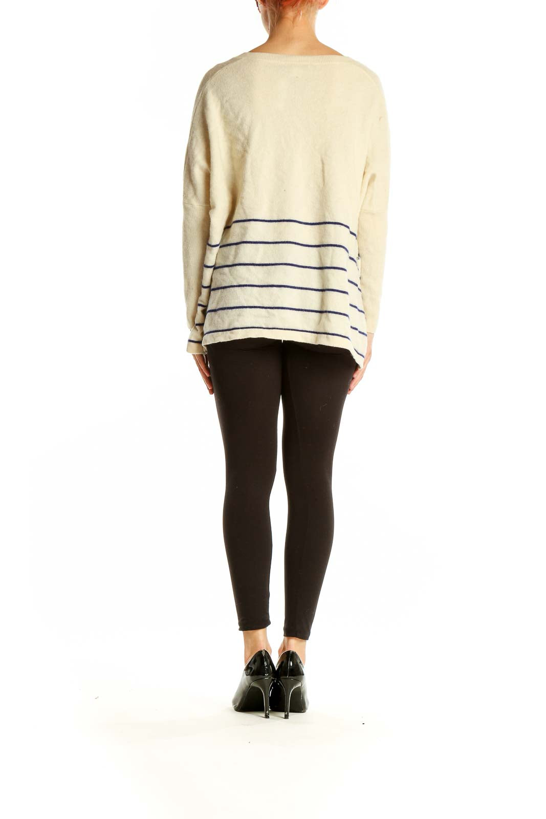 Back view of White+Warren cream cashmere V-neck sweater with navy stripes