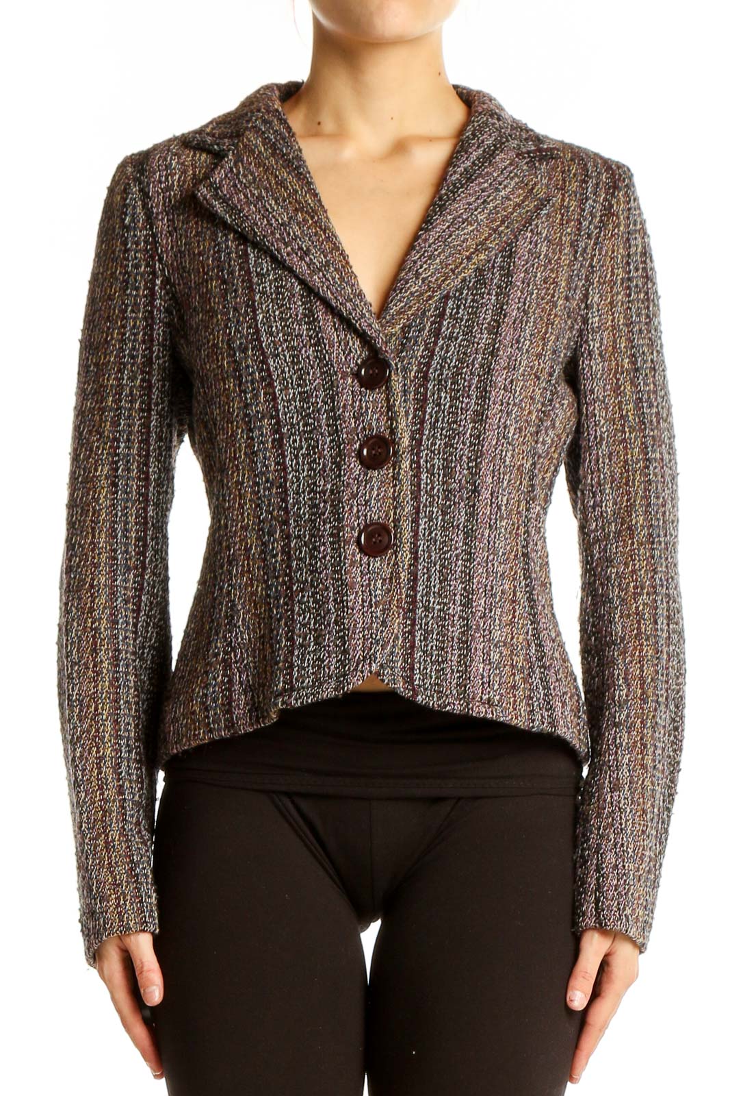 Front view of Zara brown tweed textured blazer jacket