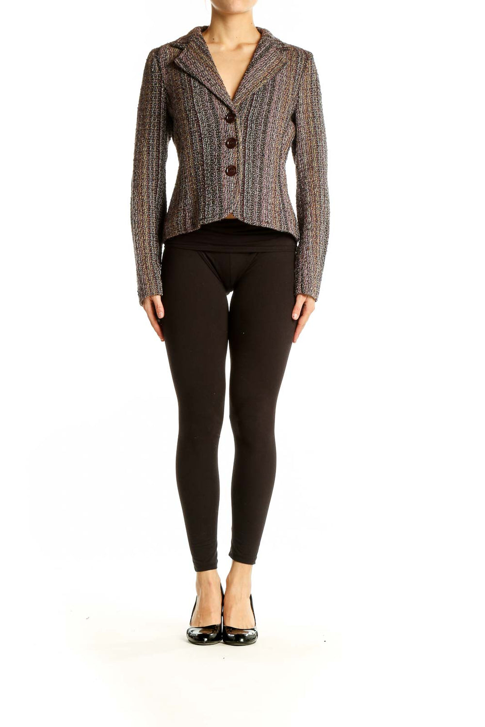 Front view of Zara brown tweed textured blazer jacket