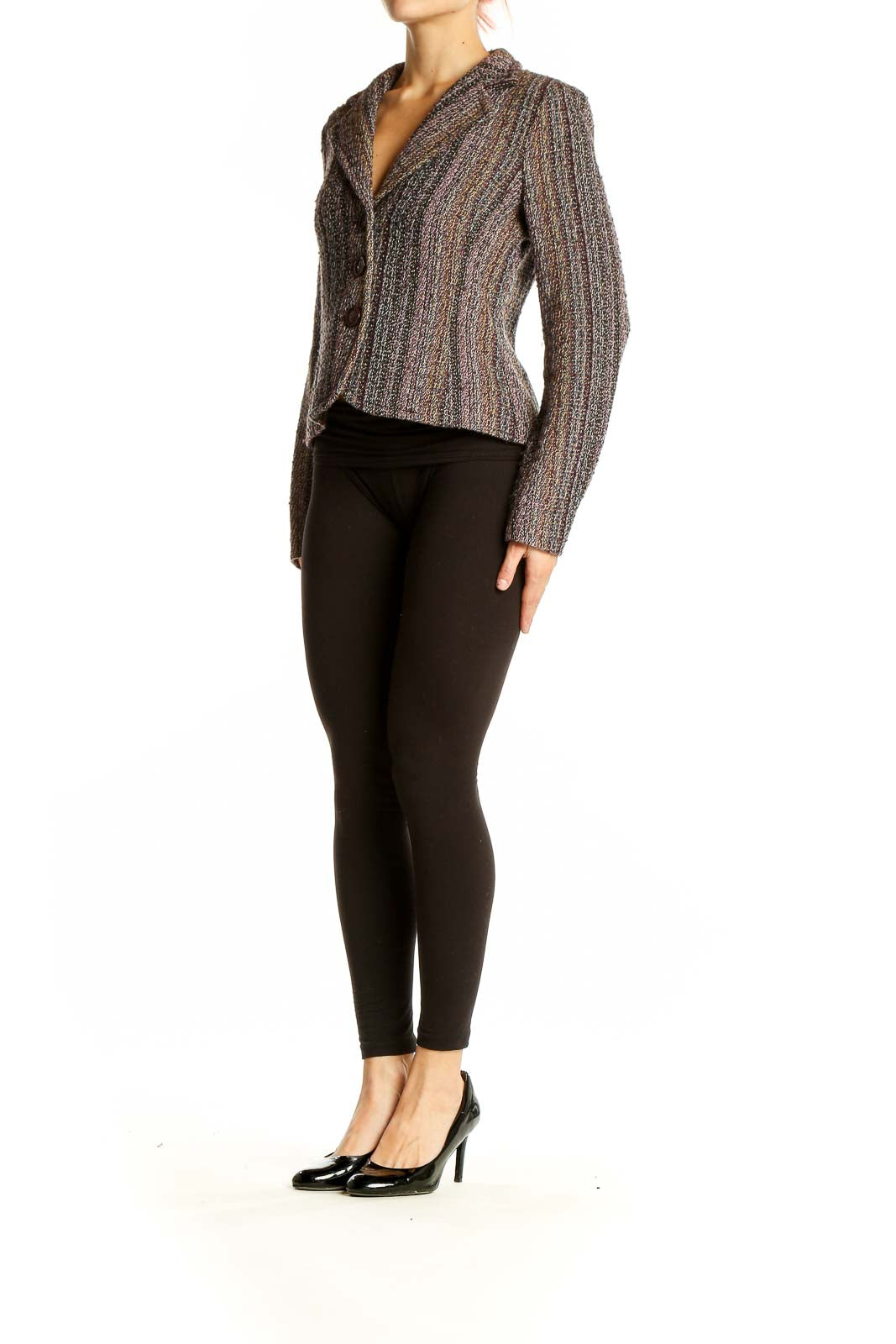 Front view of Zara brown tweed textured blazer jacket